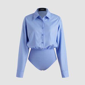 Cider Collar Solid Button Long Sleeve Shirt Bodysuit